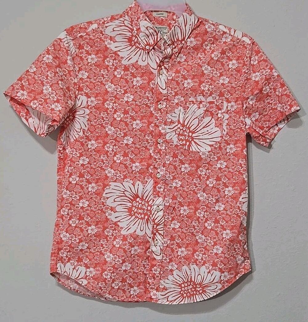 J.Crew Factory Mens M Coral Floral Short Sleeve Button Down Shirt Organic Cotton